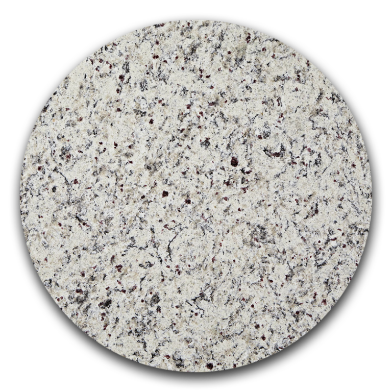 A close-up detailed view of ashel white granite in a circle shape.