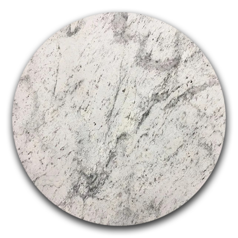 A close-up detailed view of aspen white granite in a circle shape.